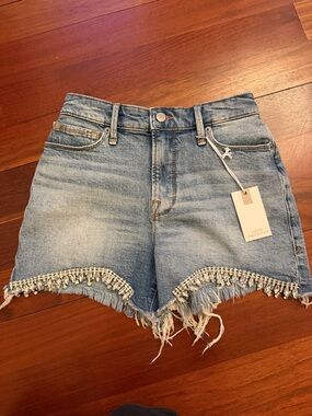 Good American icon rhinestone trim bombshell Denim Shorts
